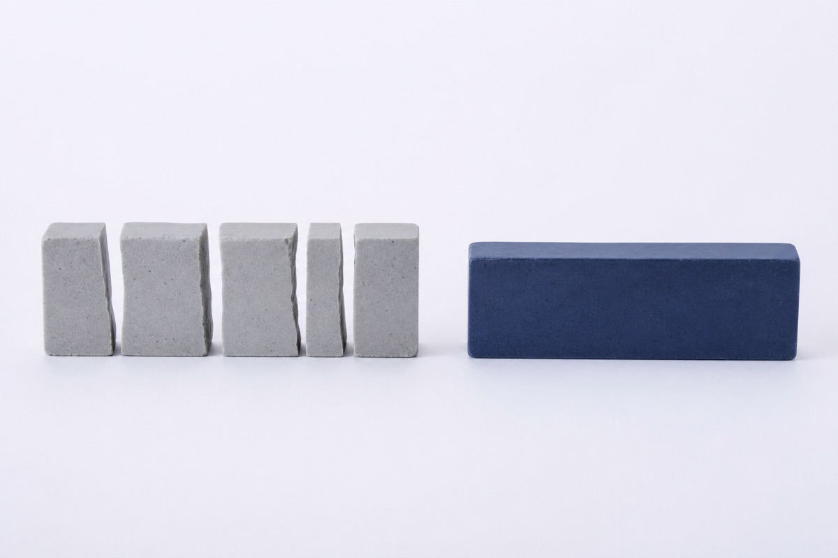 Five broken pieces of one grey stone bar stand apart with gaps between them, their fracture faces still matching; beside them the same bar whole and unbroken in deep blue. The five stand for one brand written five ways — Seolwha, SEOLWHA Co., Ltd., 설화, Sulhwa and @seolwha_official — with the evidence for it divided five ways so each looks thin. The whole bar is that same evidence pooled behind a single name.