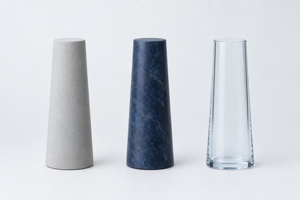 Three columns of one identical tapered form stand side by side: the left in matte pale grey plaster, the centre in deep indigo stone, the right in clear glass. The silhouettes match exactly and the materials do not. They stand for the three signals inside the word Korean — where a brand started, who owns it now, and where it is made — which share a label and regularly disagree.